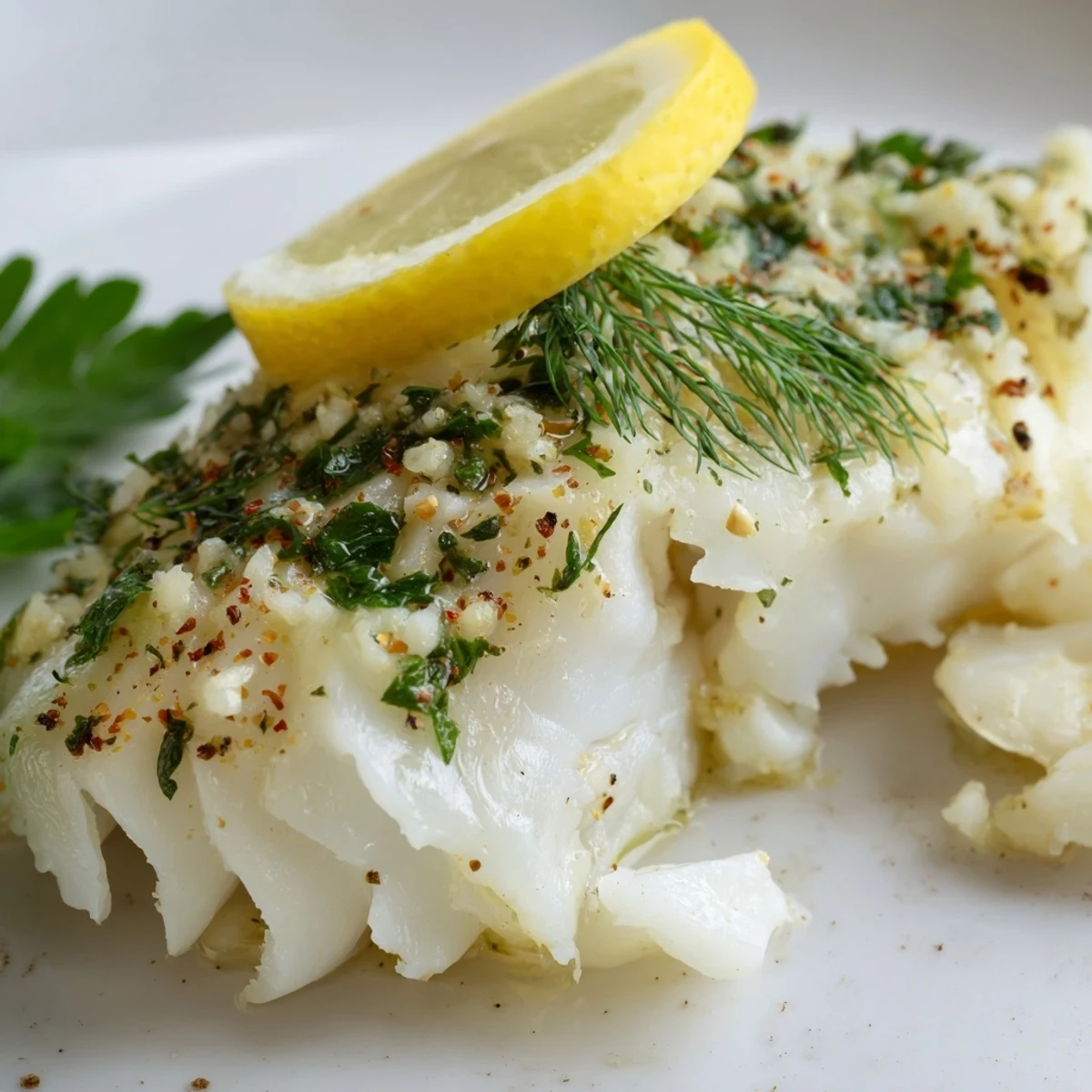 Ein Teller gebackener Haddock mit Zitrone und Kräutern, saftig und aromatisch, ideal mit frischem Gemüse serviert.