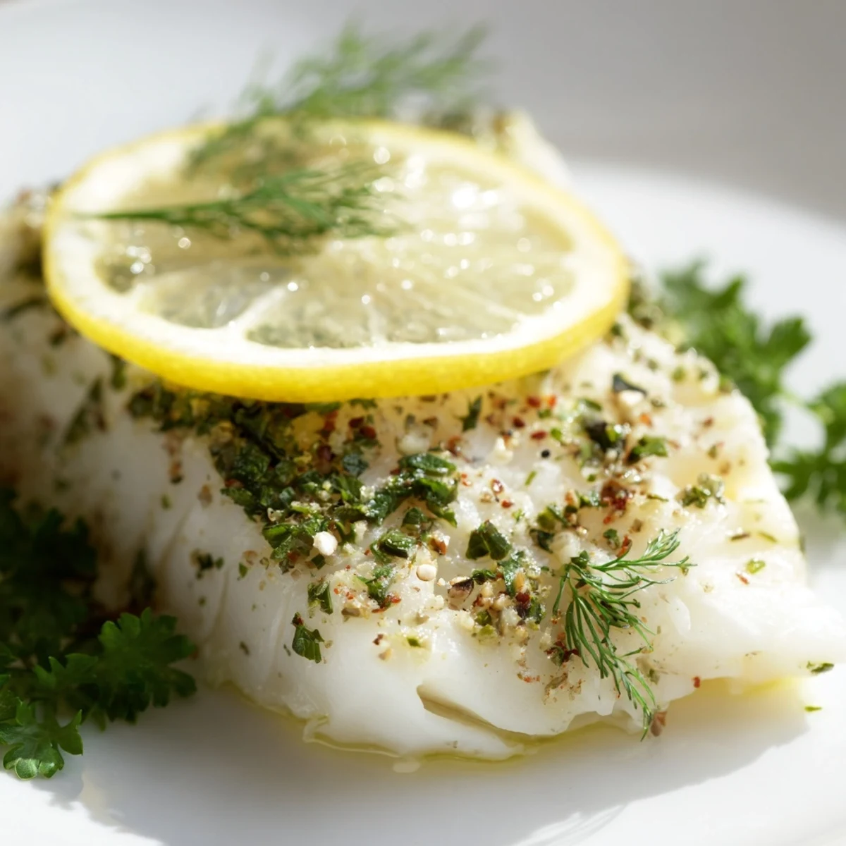 Gebackener Haddock mit Zitrone und Kräutern, würzig und zitronig, warm auf einem Teller mit Petersilie garniert.