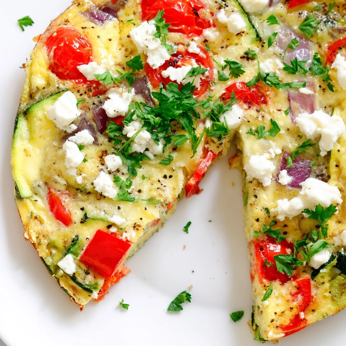 Geröstetes Gemüse-Frittata mit Ziegenkäse: Eine goldene Frittata aus dem Ofen mit weichen Zwiebeln und cremigem Käse.