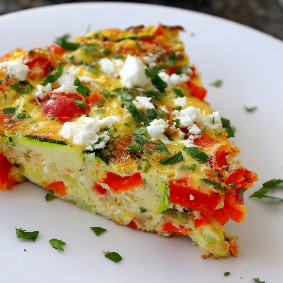 Dieses geröstete Gemüse-Frittata mit Ziegenkäse zeigt aromatische Cherrytomaten und Zucchini, ideal für ein rustikales Brunch-Buffet.