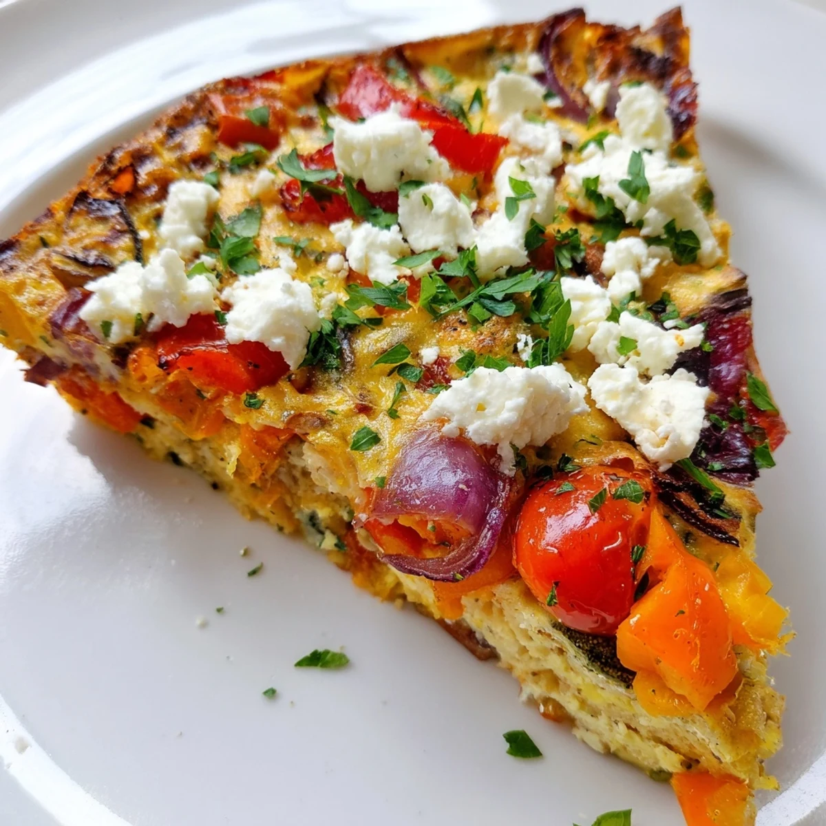 Ein saftiges geröstetes Gemüse-Frittata mit Ziegenkäse, frisch aus dem Ofen und bestreut mit Basilikum.