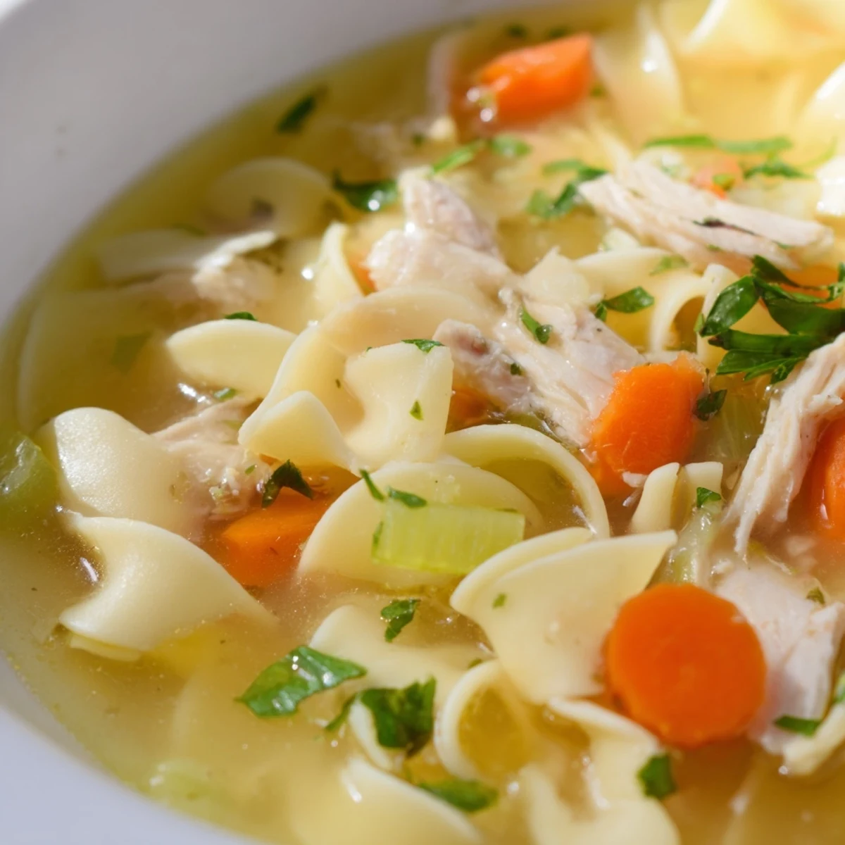 Hearty Chicken Noodle Soup with Egg Noodles steaming in a rustic ceramic bowl, garnished with fresh parsley.