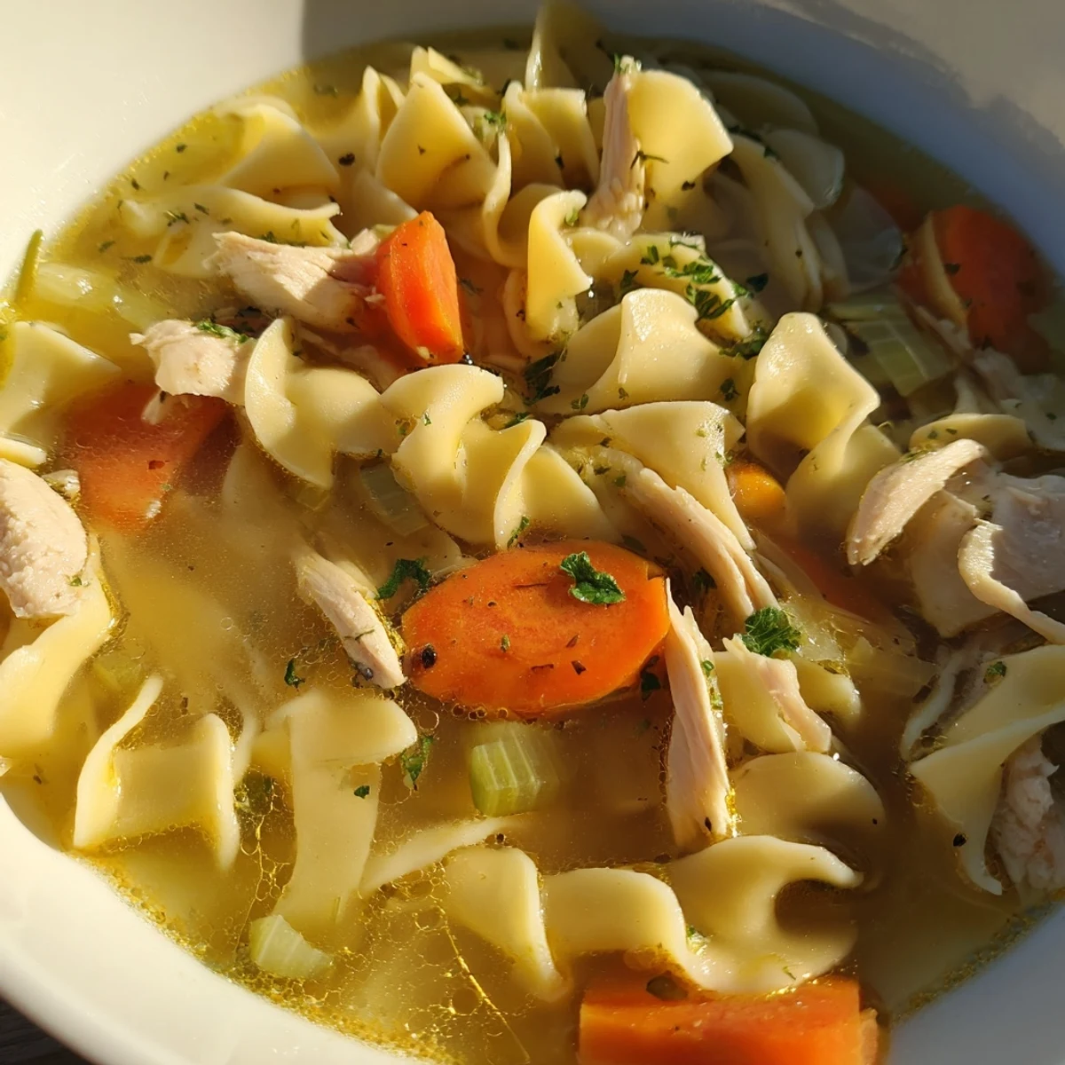 Comforting Chicken Noodle Soup with Egg Noodles served alongside crusty artisan bread on a cozy table setting.