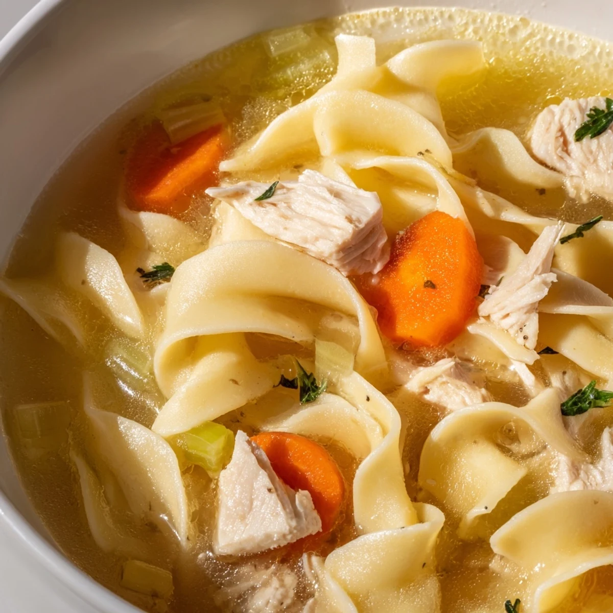 Warm bowl of Chicken Noodle Soup with Egg Noodles with tender chicken chunks, sliced carrots, and celery in broth.