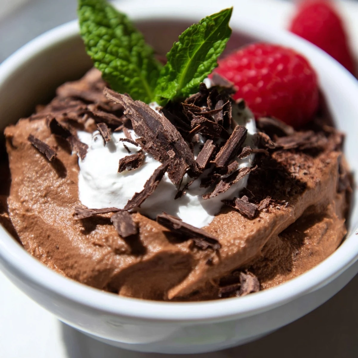 Chocolate Avocado Mousse mit frischen Beeren und dunkler Schokoladenspänen im Glas