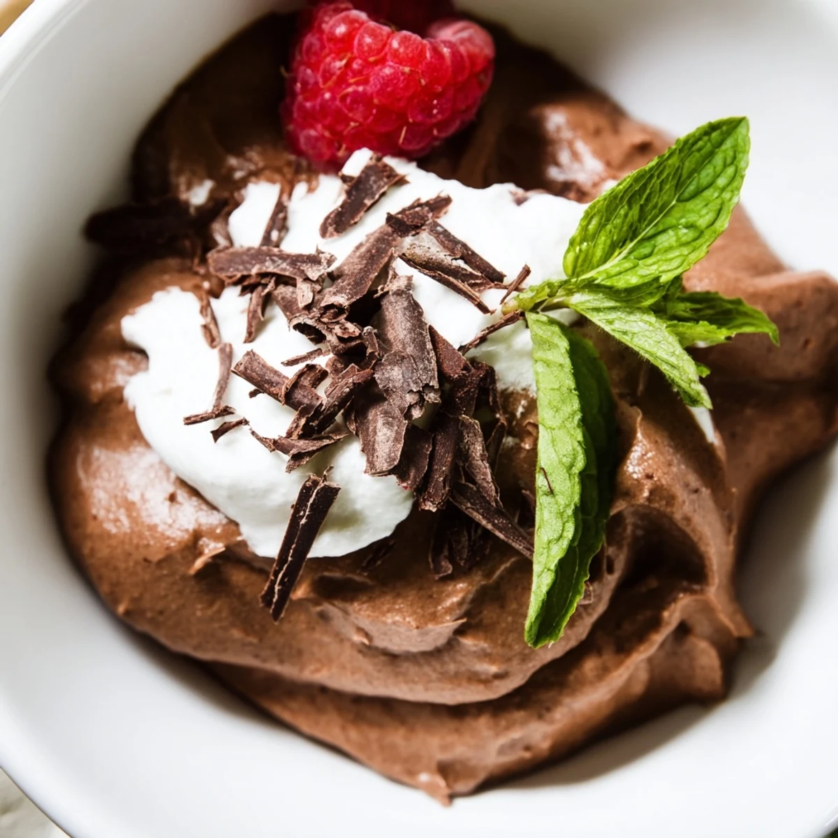 Cremige Chocolate Avocado Mousse mit Kakaostaub und Kokos-Sahne-Topping serviert zur Dessertplatte