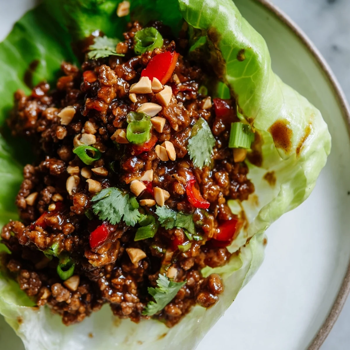 Saftige Rindfleisch-Hoisin-Füllung in knusprigen Eisbergsalatblättern auf Tellern garniert.