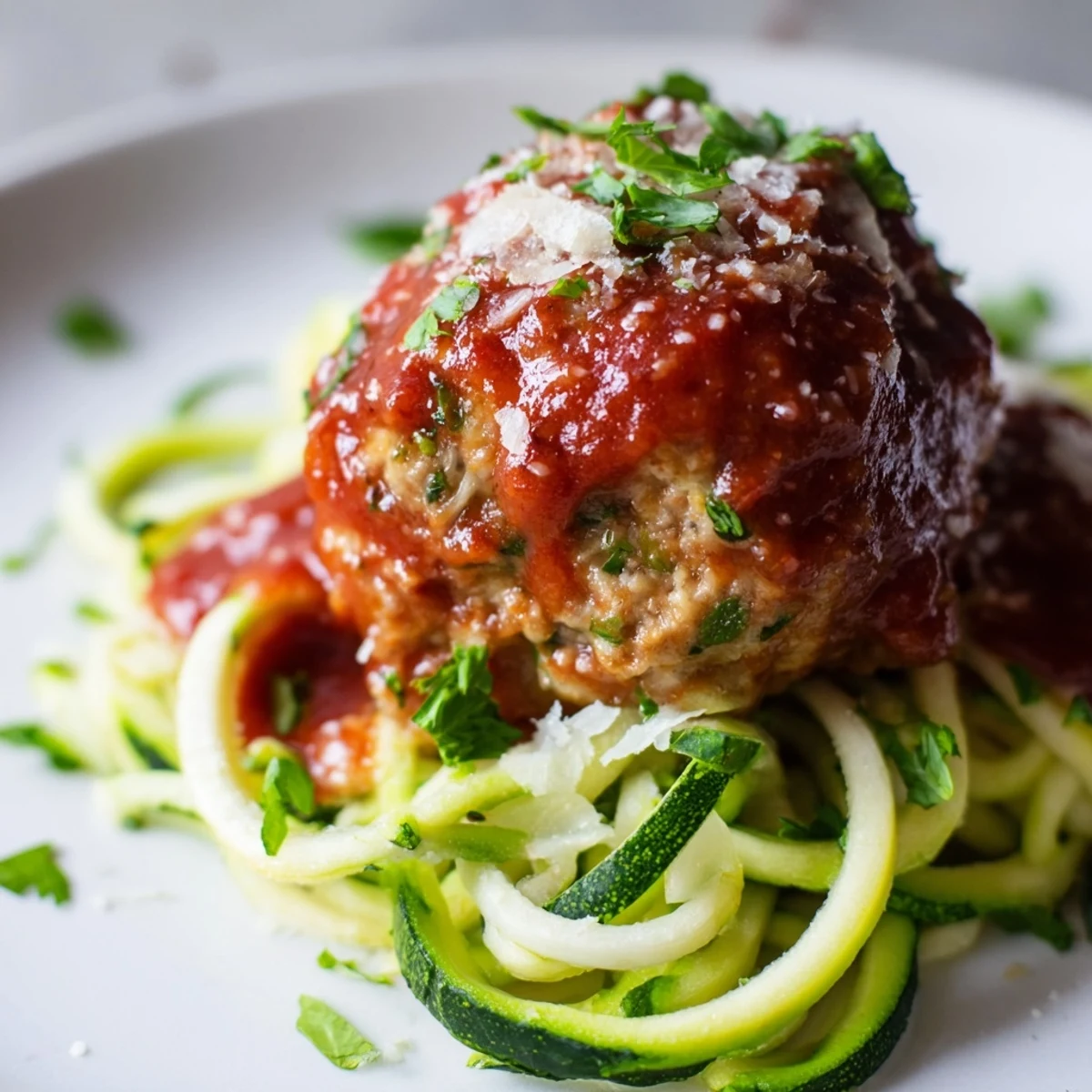Gelbbraune Truthahn-Fleischbällchen liegen auf grünen Zucchini-Nudeln und werden von einer kräftigen Tomatensauce umhüllt.