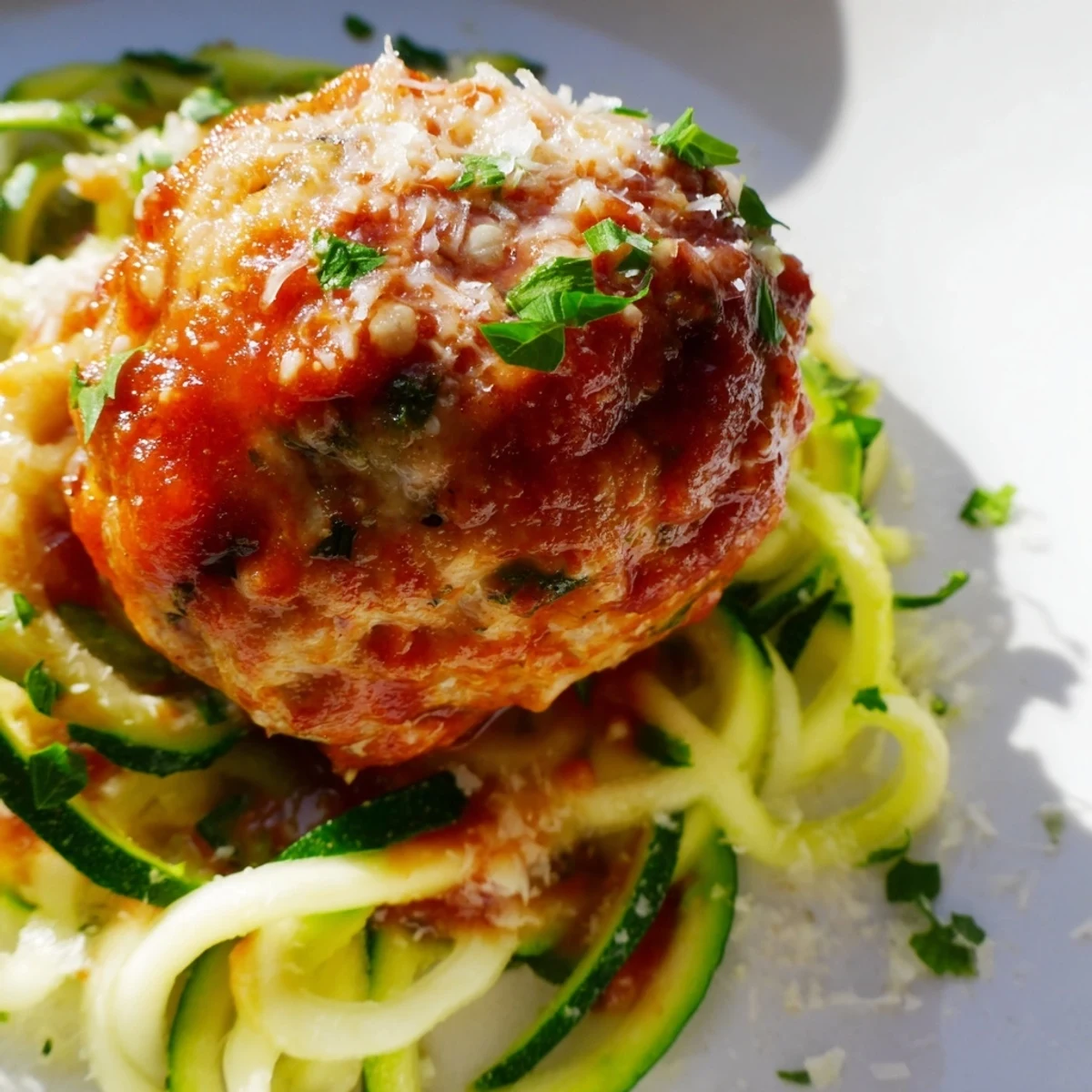 Saftige Turkey Meatballs with Zucchini Noodles serviert auf einem Teller mit frischem Basilikum und geriebenem Parmesan.