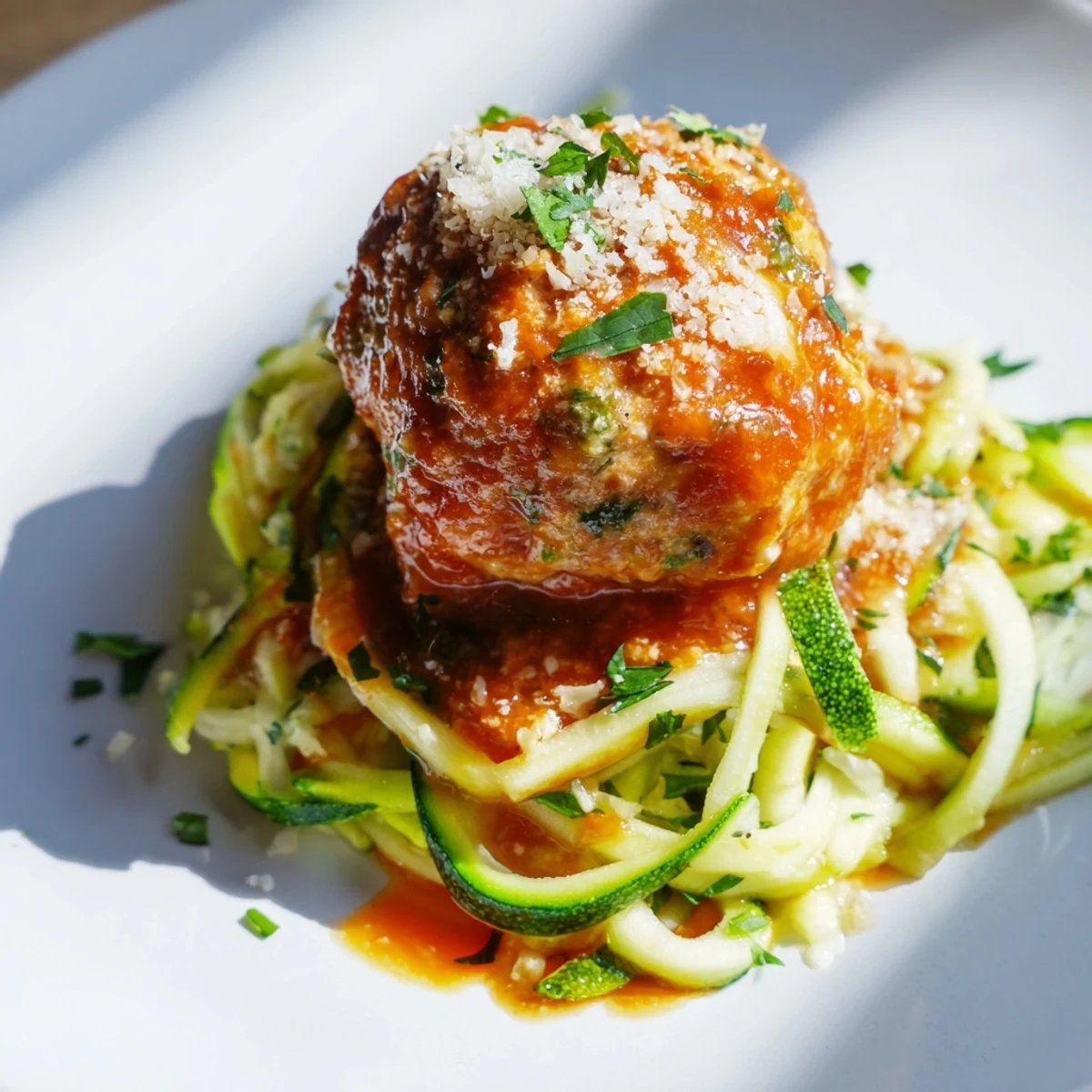 Goldbraune Fleischbällchen aus Truthahn auf Spiralschnitzel-Zucchini, begleitet von einer reichhaltigen Tomatensauce und Kräutern.