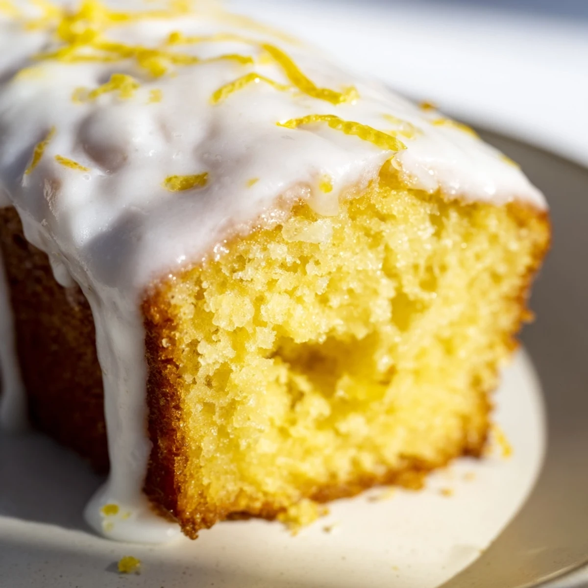 Ein gebackener Lemon Loaf Cake mit zitroniger Glasur liegt auf einem Holzbrett und发送t.