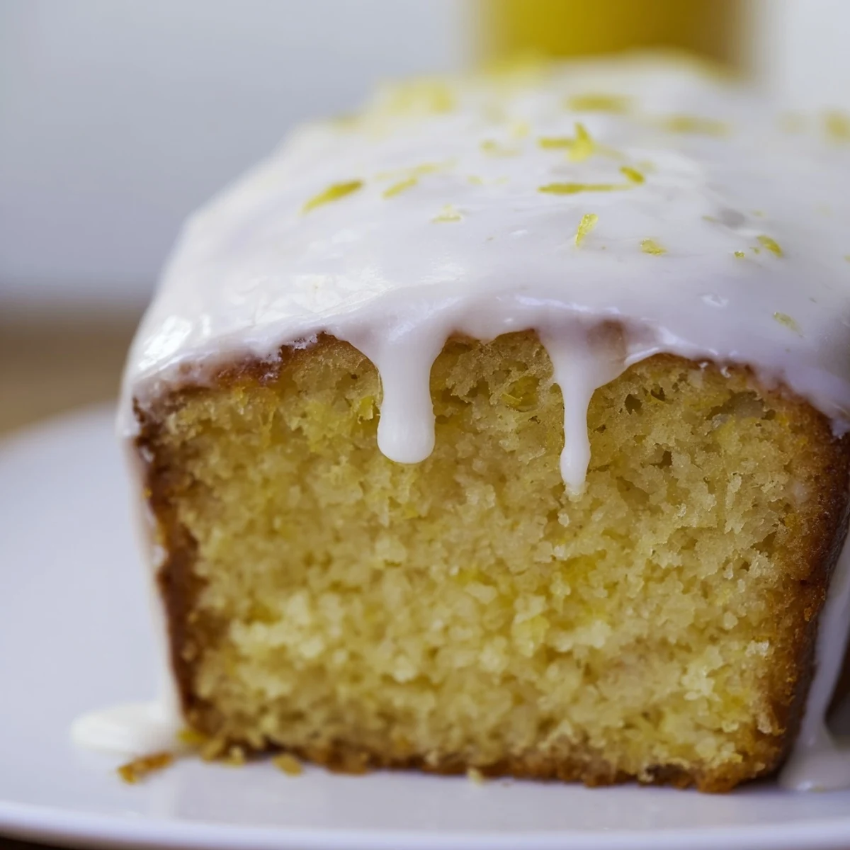 Feuchter Lemon Loaf Cake mit Zitronenglasur und frischen Zitronenscheiben auf Teller.