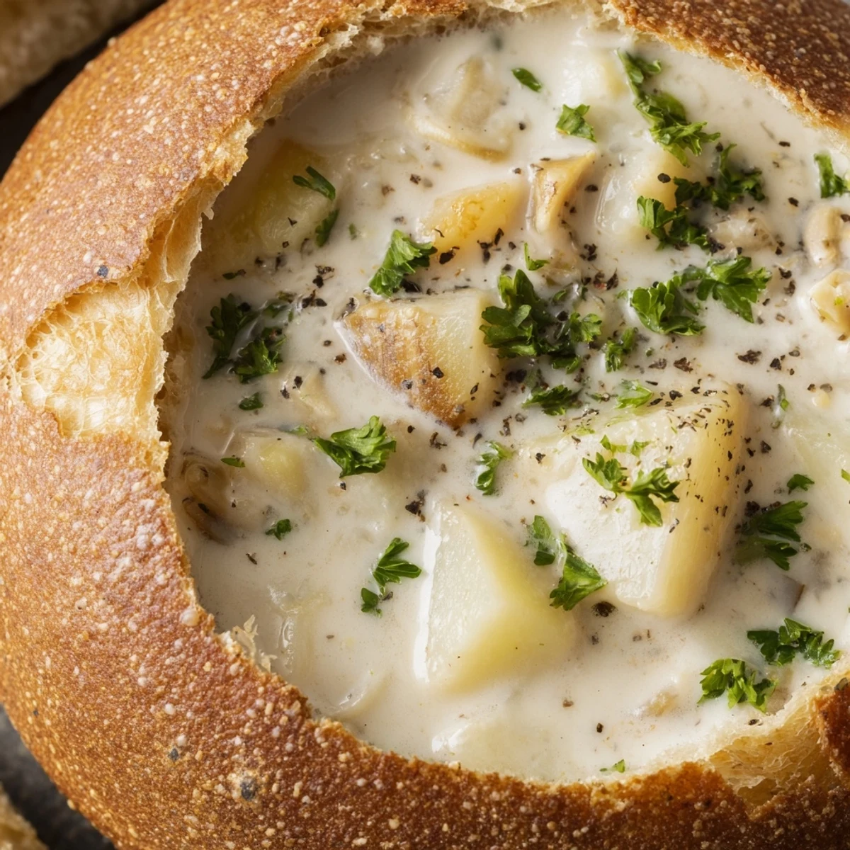 Cremige Muschelchowder in einem Sauerteigbrot, geröstet und gefüllt mit Muschelsuppe und Sahne.