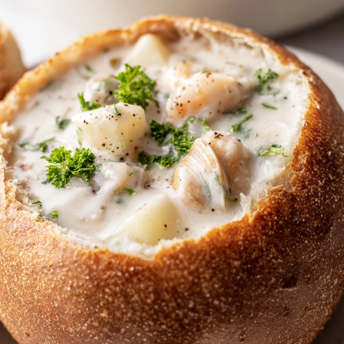 Eine riesige Schüssel aus Sauerteigbrot mit Cremiger Muschelchowder, topp mit frischer Petersilie serviert.