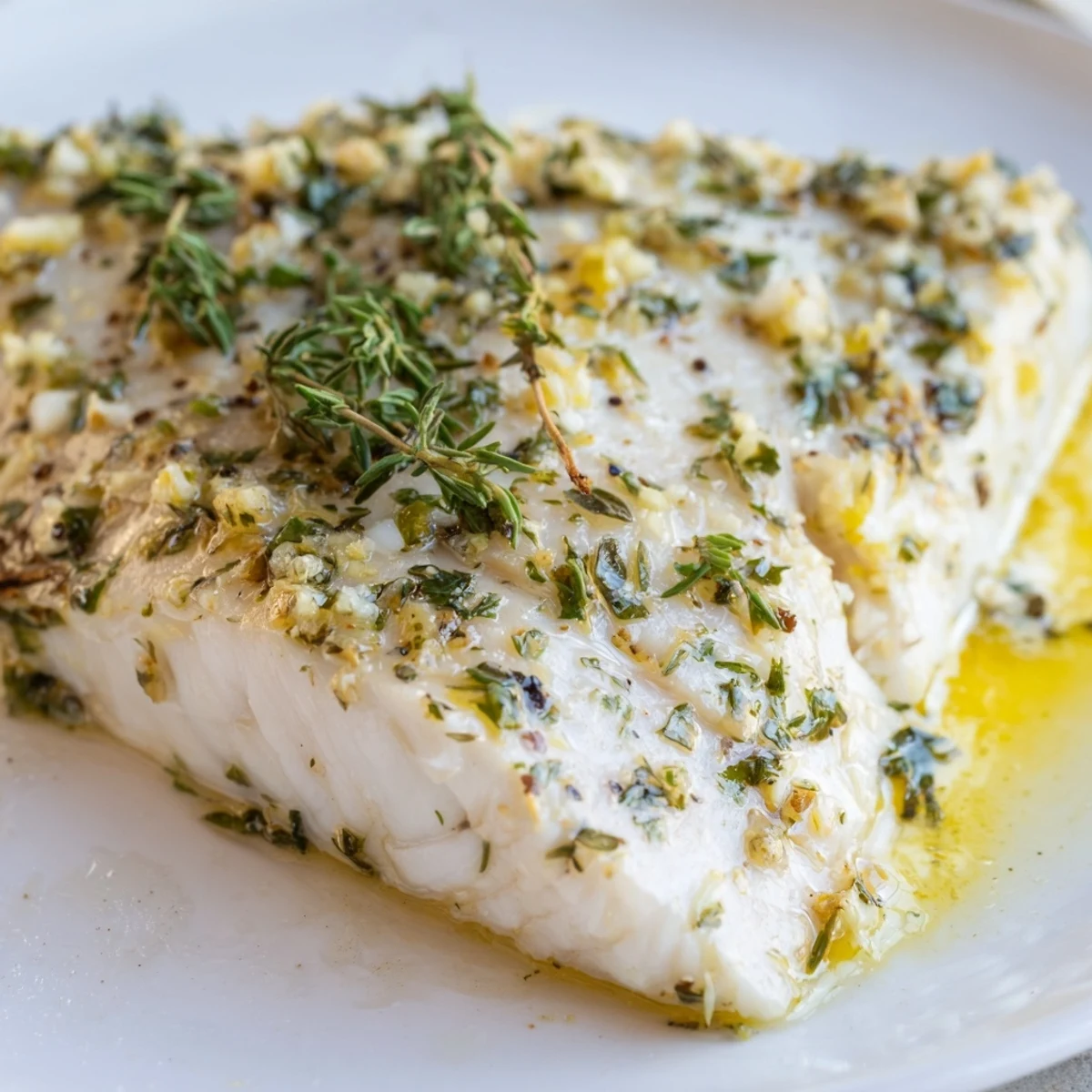 Frisch gebackene Baked Halibut mit aromatischer Knoblauchbutter und goldenem Rand, serviert mit Zitronenzesten.