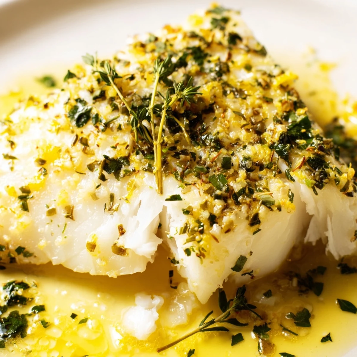 Saftige Baked Halibut fillets in blubbernder Knoblauchbutter, frisch aus dem Ofen auf einer Backform präsentiert.