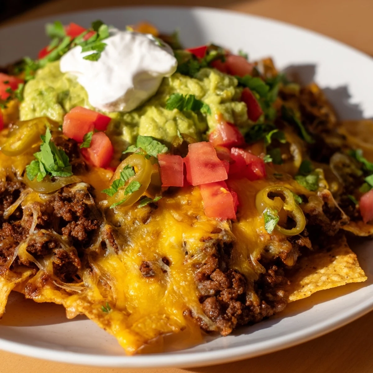 Cheesy Beef Nachos with fresh jalapeños and sour cream on a plate.