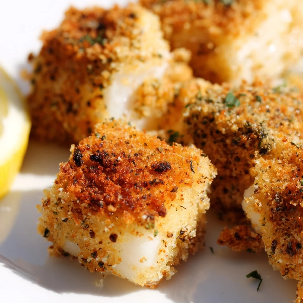 Knusprige Baked Fish Appetizer Bites aus dem Ofen mit Dip im Hintergrund.