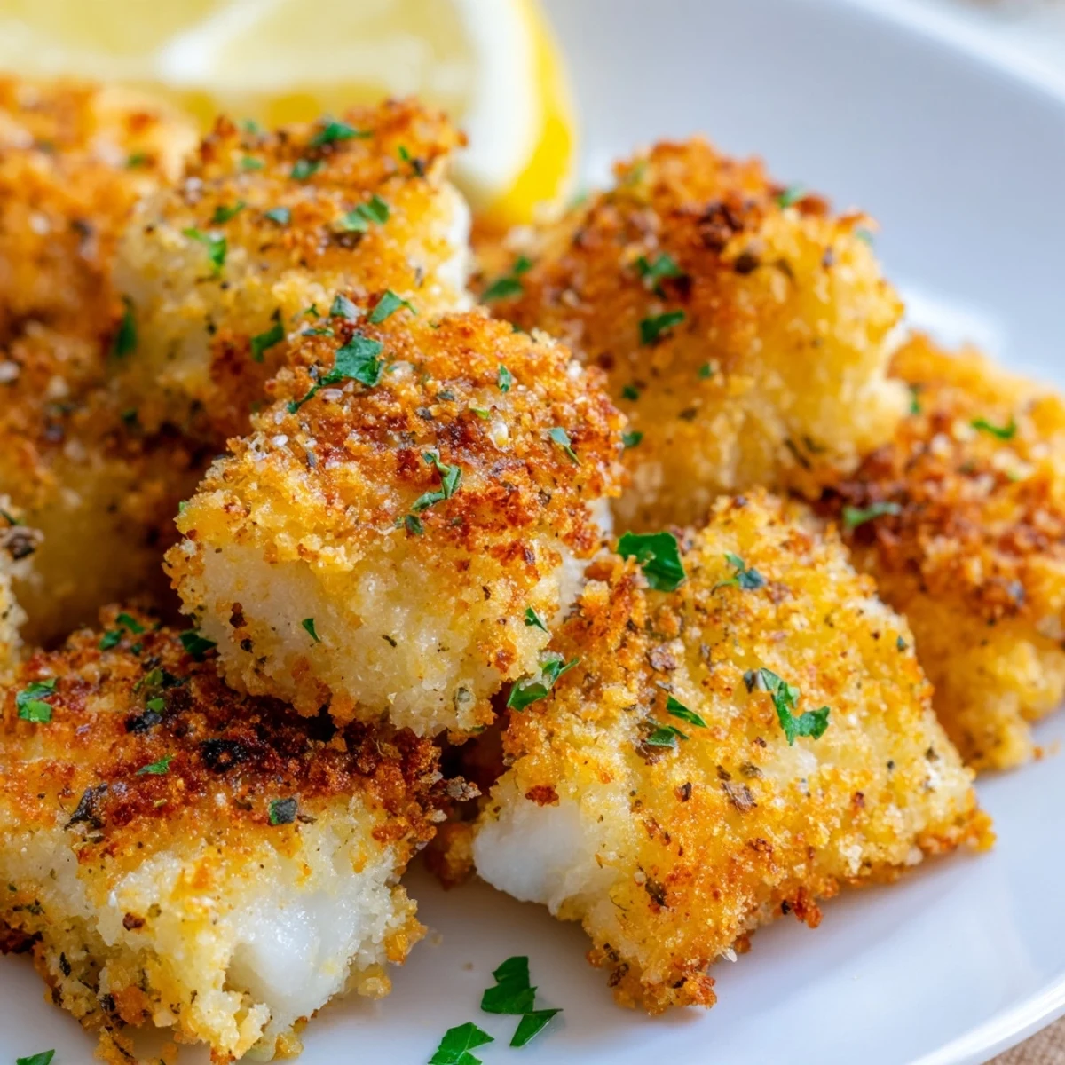 Goldene Baked Fish Appetizer Bites mit Zitronenscheiben auf Holzplatte serviert.