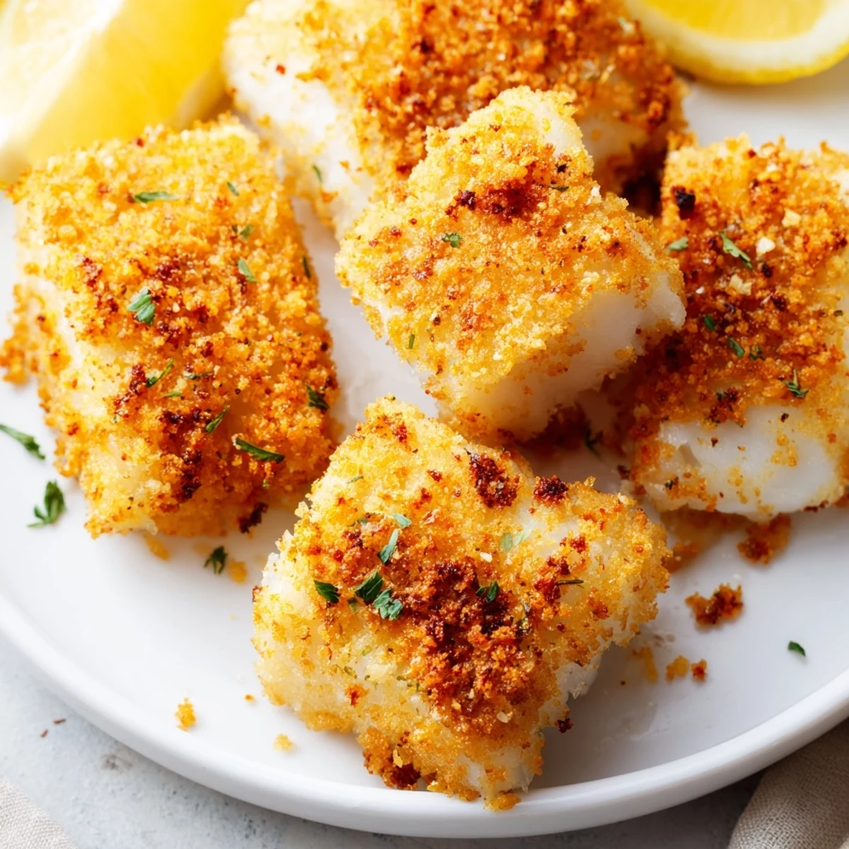 Zarter Baked Fish Appetizer Bites im panko-Parmesan-Mantel für Party-Gäste.