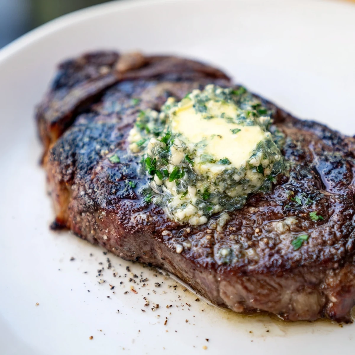 Juicy, medium-rare Beef Dinner Steak topped with melting herb butter, served with roasted potatoes.