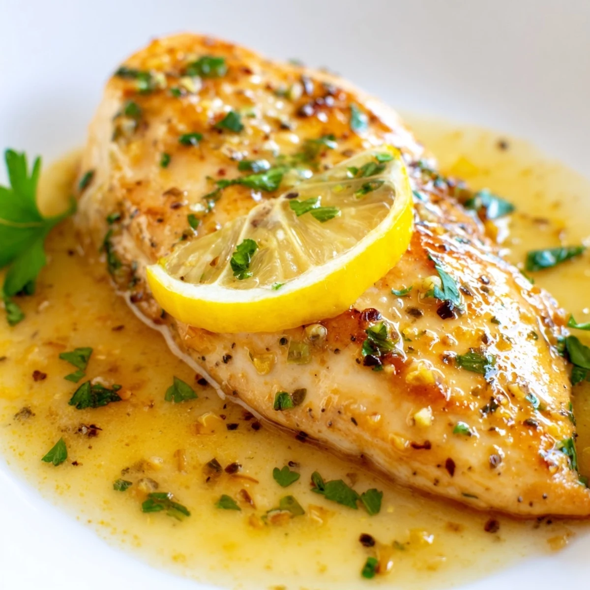 Goldene Lemon Dinner Chicken mit Petersilie und Zitronenscheiben auf weißem Teller