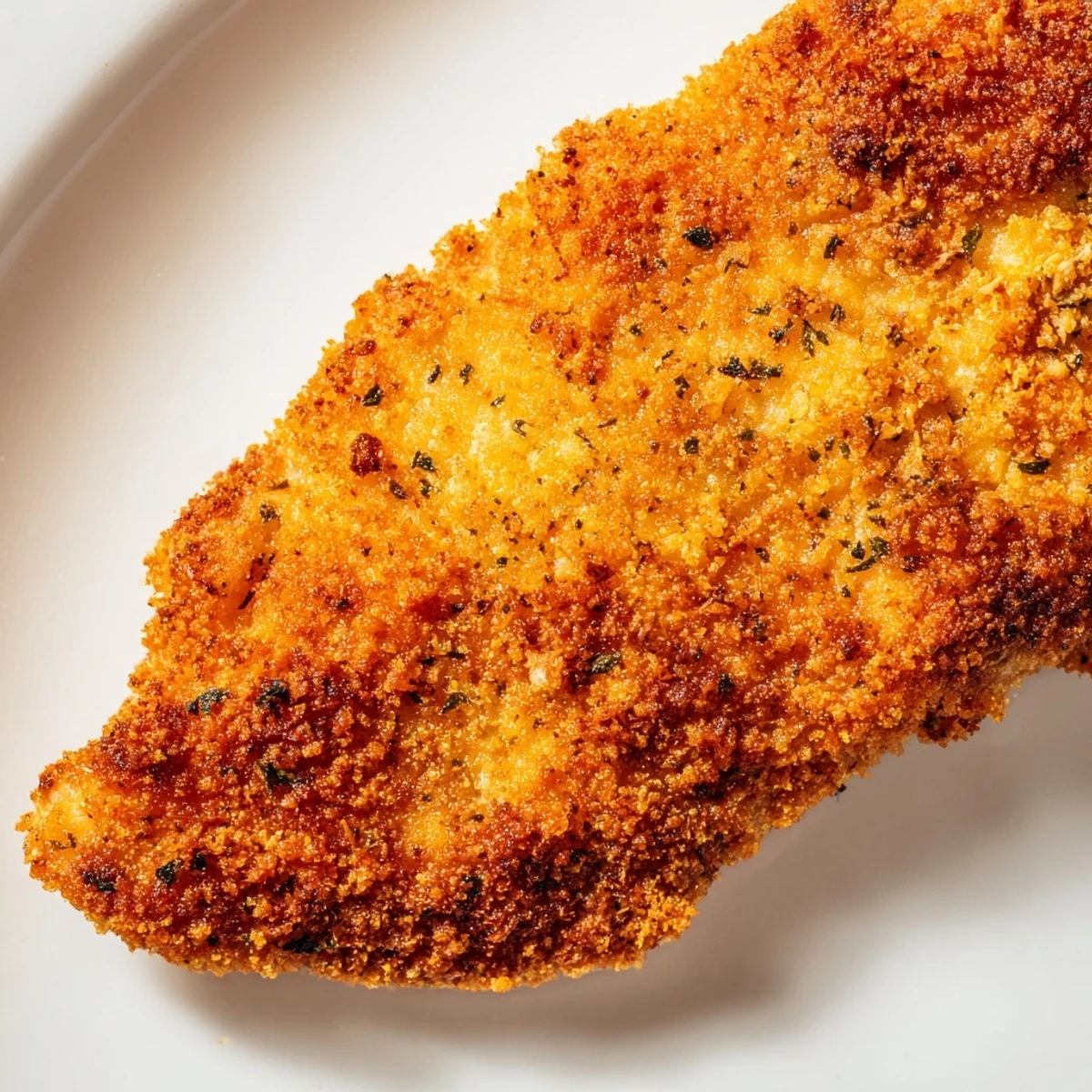 Knusprige Crispy Dinner Chicken Brust serviert mit frischer Salatbeilage.