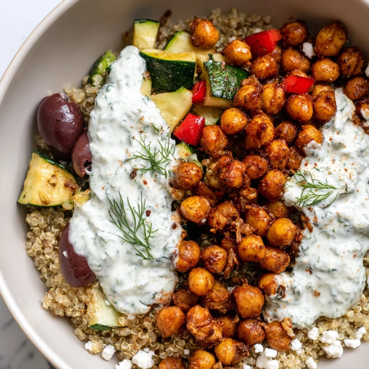 Frisch gebackene Mediterranean Dinner Bowl mit knusprigen Kichererbsen, Quinoa und buntem Gemüse auf einem Tellerrand.