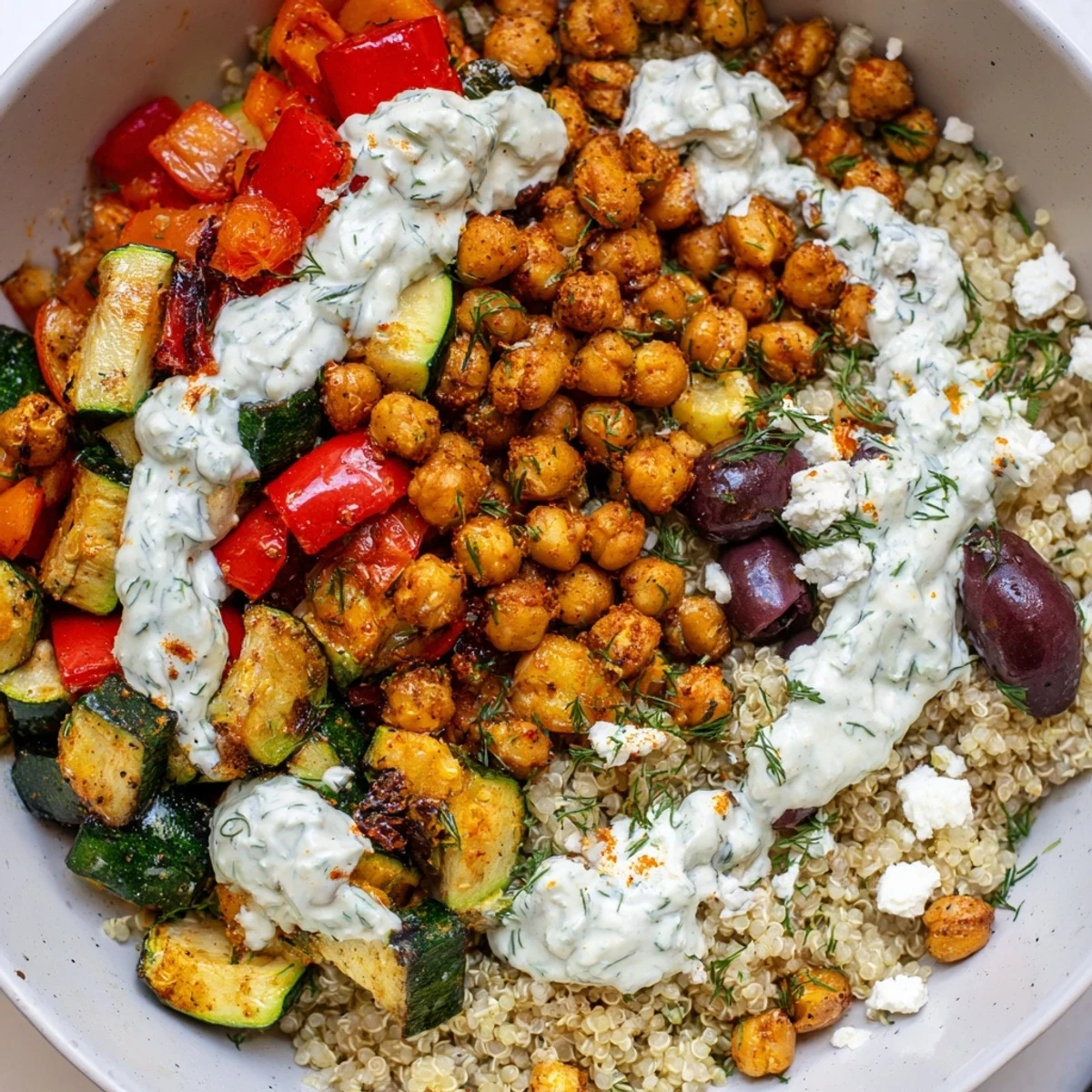Leckere Mediterranean Dinner Bowl mit cremigem Joghurt-Dip, Oliven und Feta, bereit zum Genießen auf dem Küchentisch.