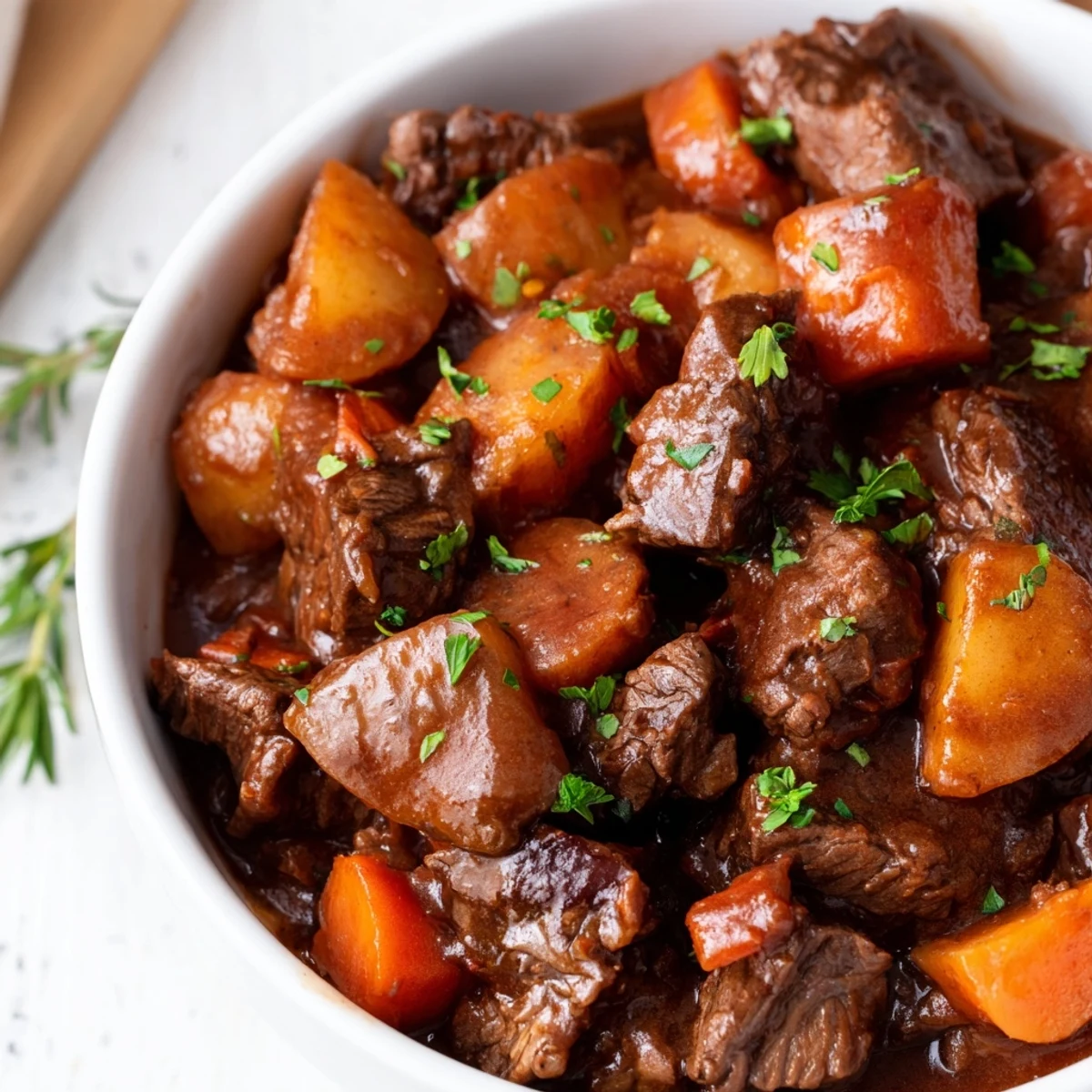 Ein Topf voll langsamer gegartes Slow Cooker Dinner Pot mit weichem Rindfleisch und Wurzelgemüse.