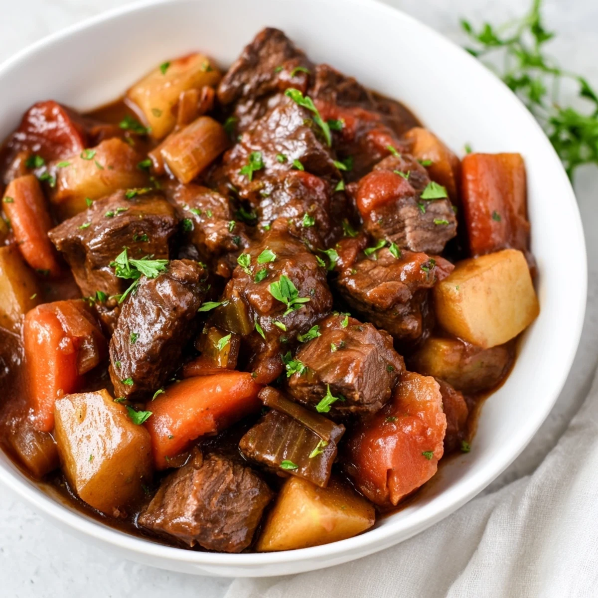 Familienfreundliches Slow Cooker Dinner Pot mit saftigem Fleisch, Kartoffeln und frischer Petersilie garniert.