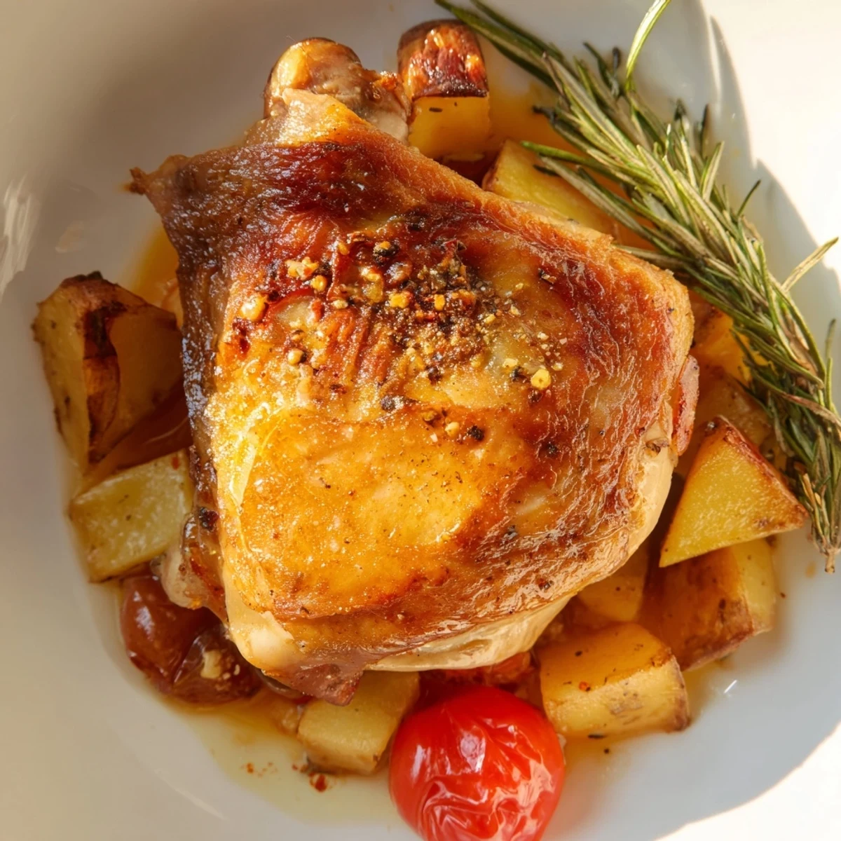 Goldbraunes Hähnchen auf einem Roasted Dinner Pan mit Ofenkartoffeln und bunten Paprikastreifen