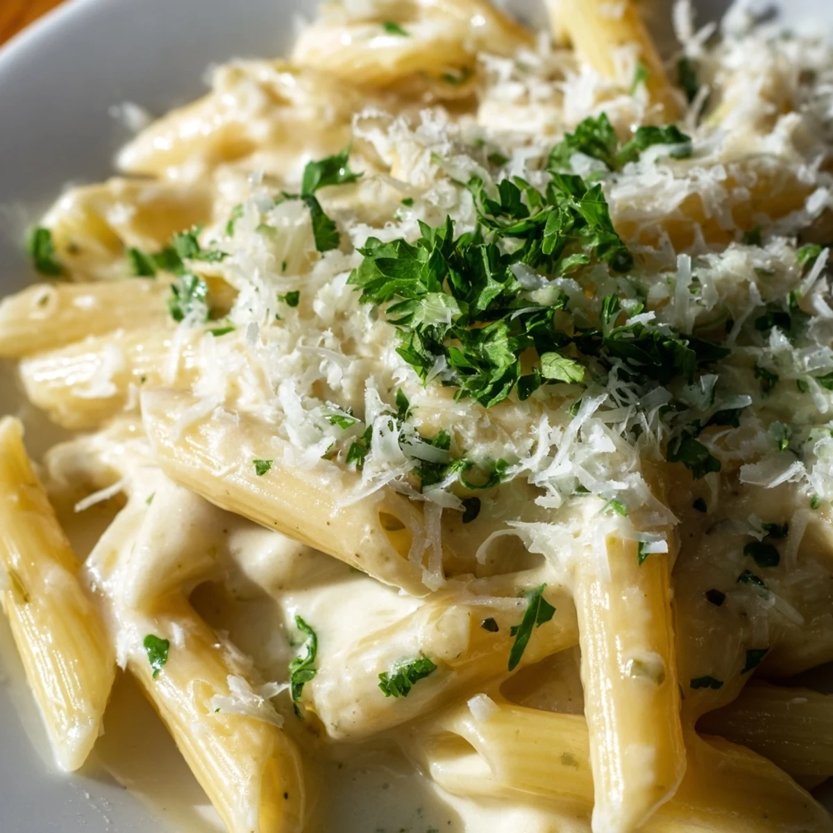 Cremiges Abendessen Pasta in einer tiefen Schüssel, dampfend und mit glänzender Sahnesauce, frischer Petersilie und geriebenem Parmesan garniert.