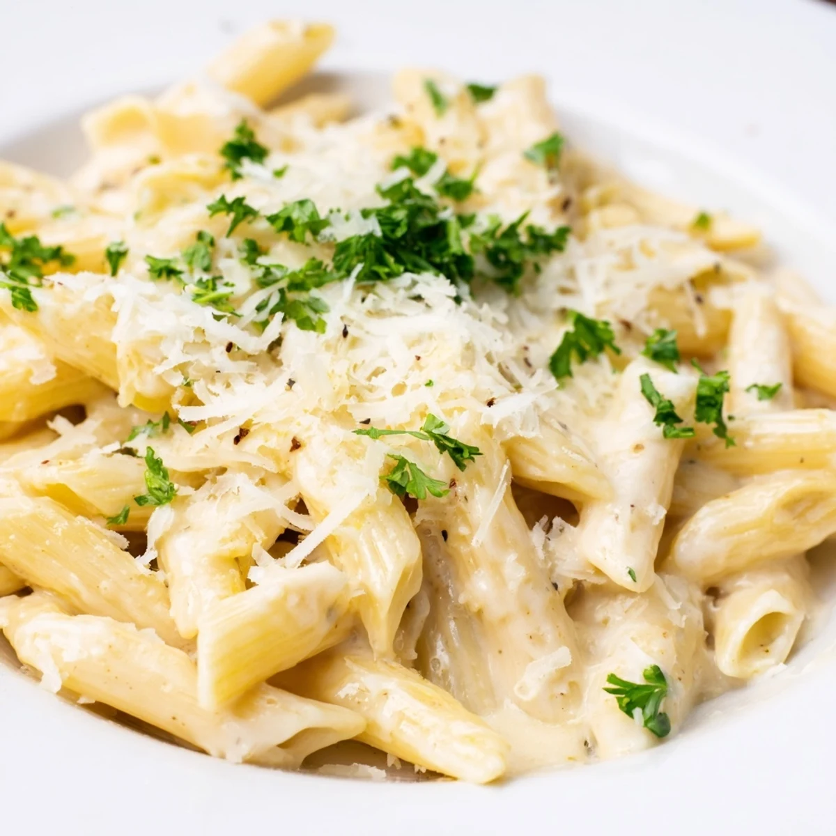 Köstliche Cremiges Abendessen Pasta, cremig nussig, mit al dente Nudeln, goldenem Knoblauch und fein geriebenem Parmesan, bereit zum Servieren.