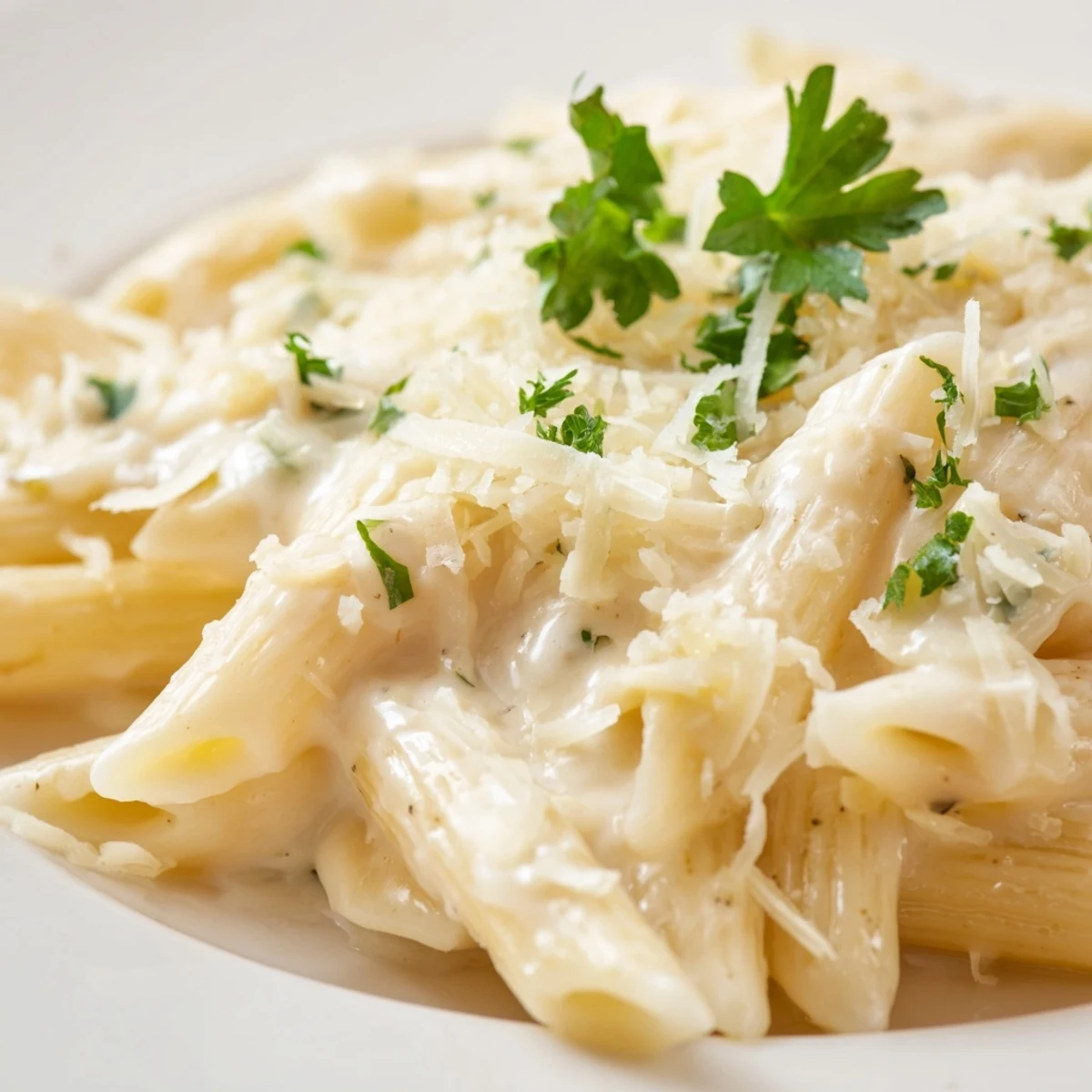 Cremiges Abendessen Pasta im rustikalen Topf, serviert mit Löffel und frisch gehackter Petersilie, perfekt für ein gemütliches Abendessen.