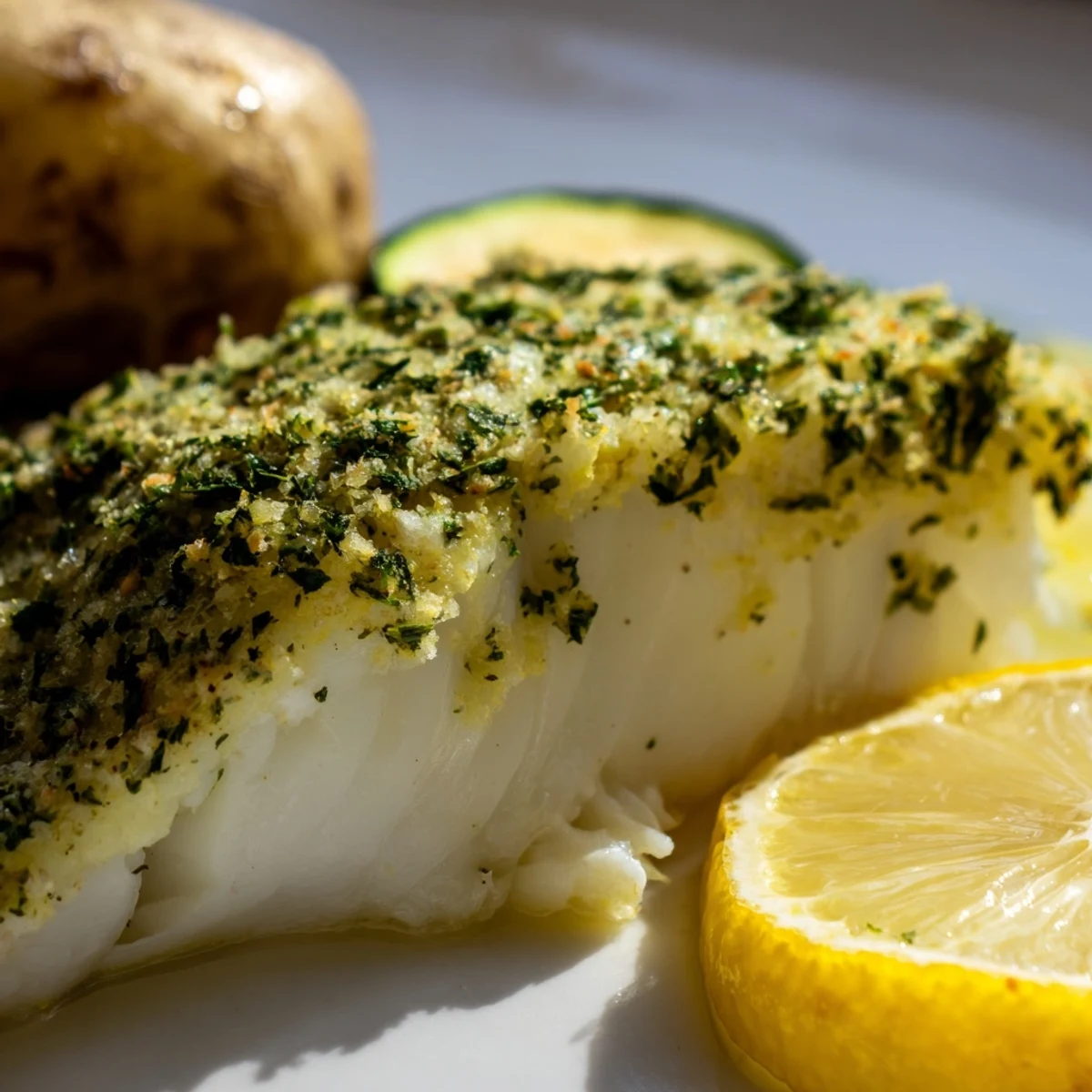 Goldener Baked Cod Fillet Dinner auf gebratenem Gemüse mit frischen Kräutern und Zitrone.