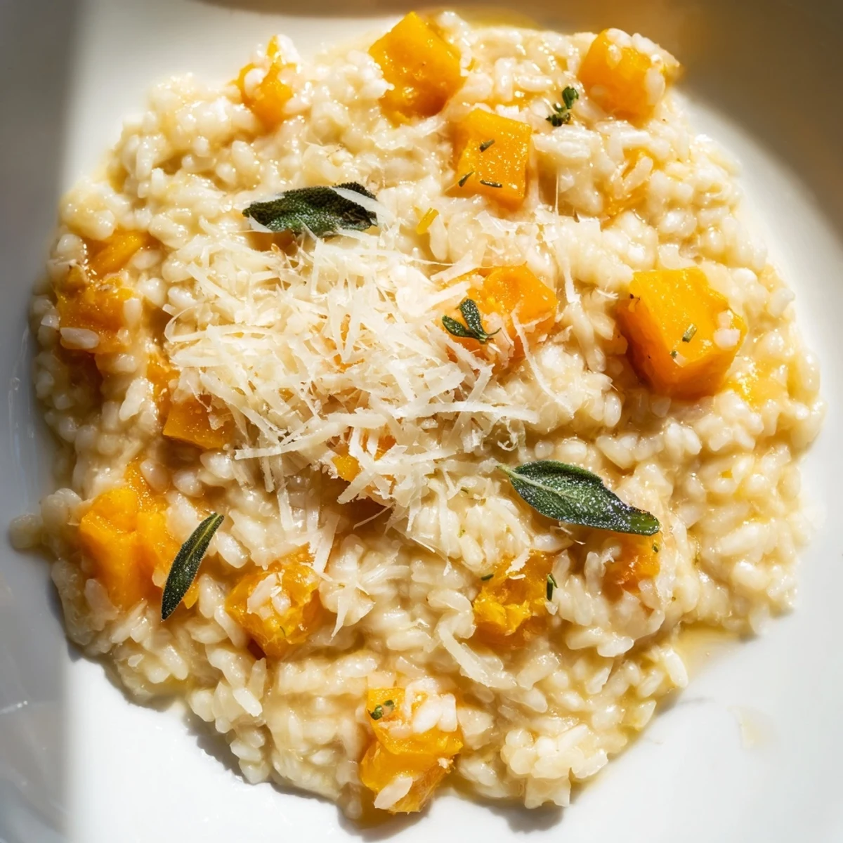 Close-up of Winter Squash Risotto with Sage and Parmesan revealing tender squash cubes and freshly grated Parmesan