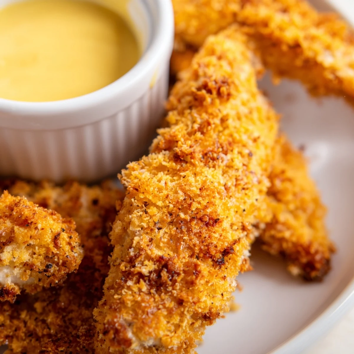 Goldene, im Ofen gebackene Crispy Baked Chicken Tenders mit hausgemacher Honig-Senf-Sauce.