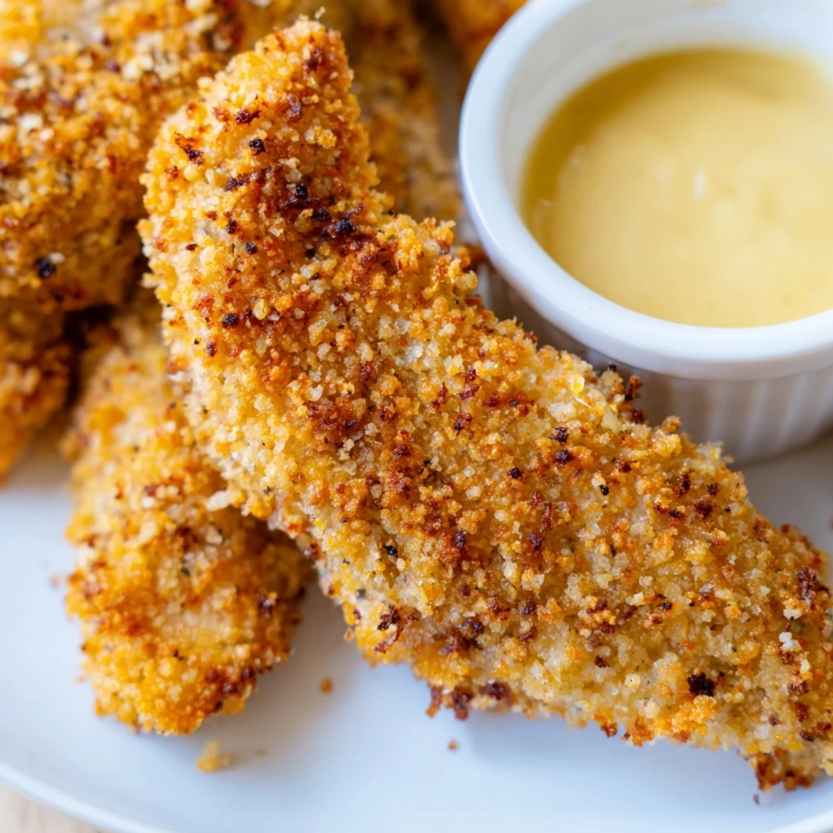 Saftige Crispy Baked Chicken Tenders mit goldener Panade, fertig zum Eintauchen in Honig-Senf.