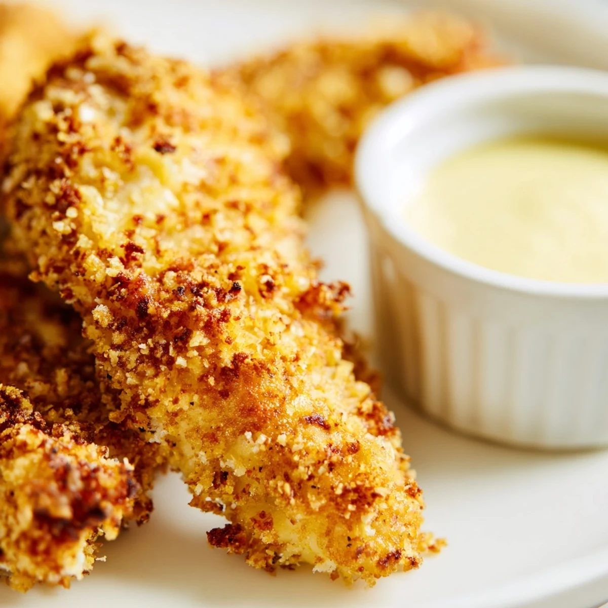 Knusprige Crispy Baked Chicken Tenders, frisch aus dem Ofen und neben einer Schüssel Honig-Senf.