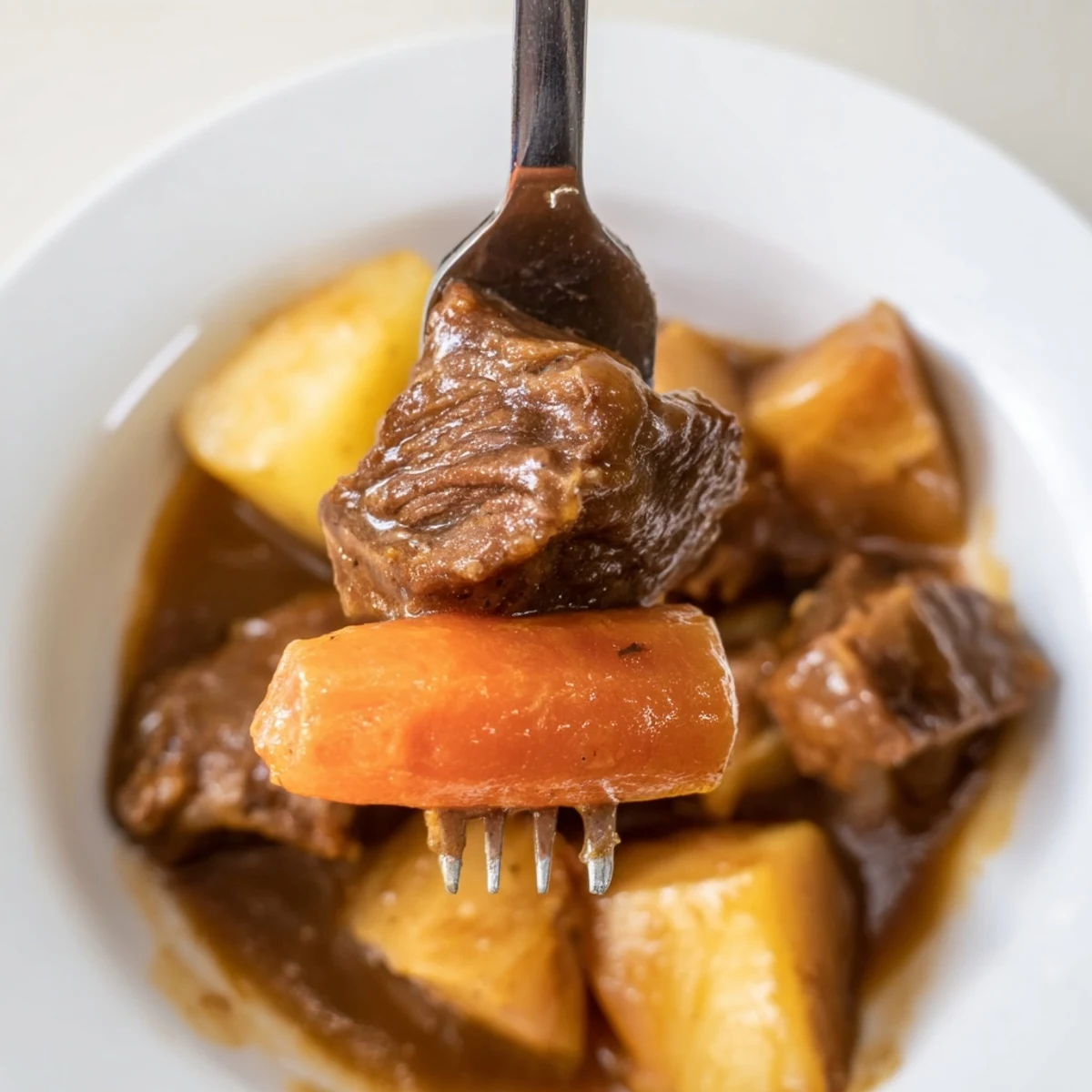 Slow Cooker Beef Stew with Root Vegetables in a ladle, steaming and ready to serve over creamy mashed potatoes.