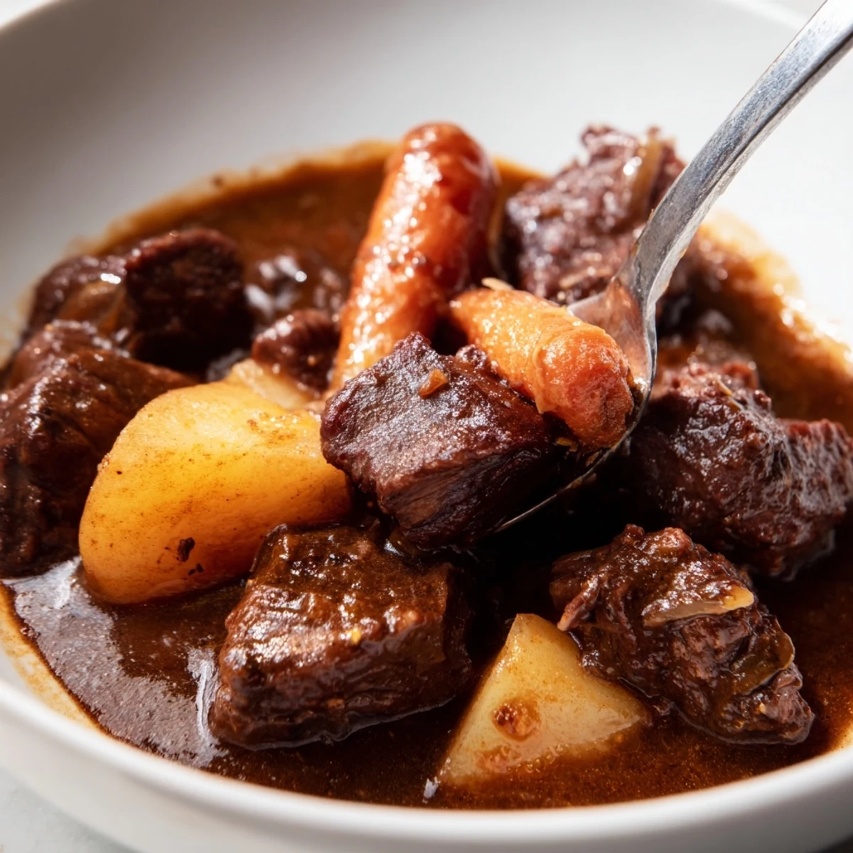 A hearty bowl of Slow Cooker Beef Stew with Root Vegetables beside crusty bread on a rustic table.