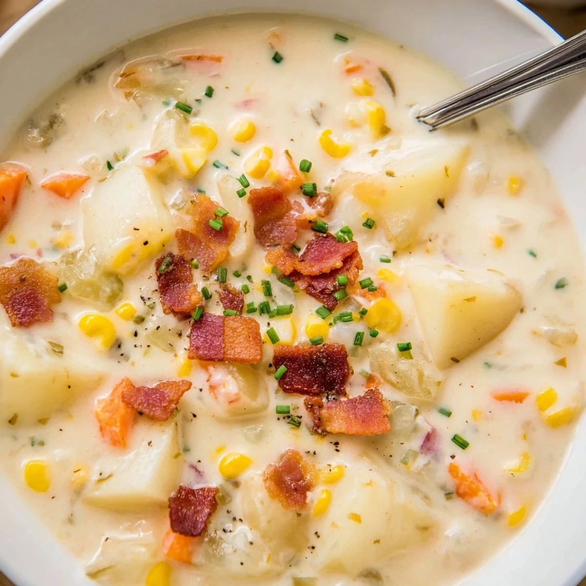 In Schüsseln servierter Creamy Corn Chowder mit Turkey Bacon, garniert mit frischen Schnittlauchzwiebeln, hebt sich die goldene Suppe satt von den Tellern ab und verspricht wärmende Hausmannskost. 