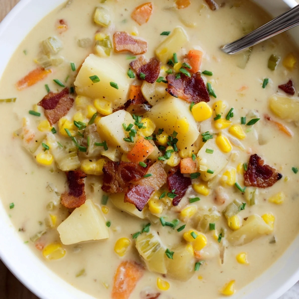 Geschmackvolle Nahaufnahme des Creamy Corn Chowder mit Turkey Bacon, wo knusprige Speckwürfel auf seidiger Mais-Kartoffel-Suppe liegen und mit einer Prise Paprika für rauchige Noten garniert sind.