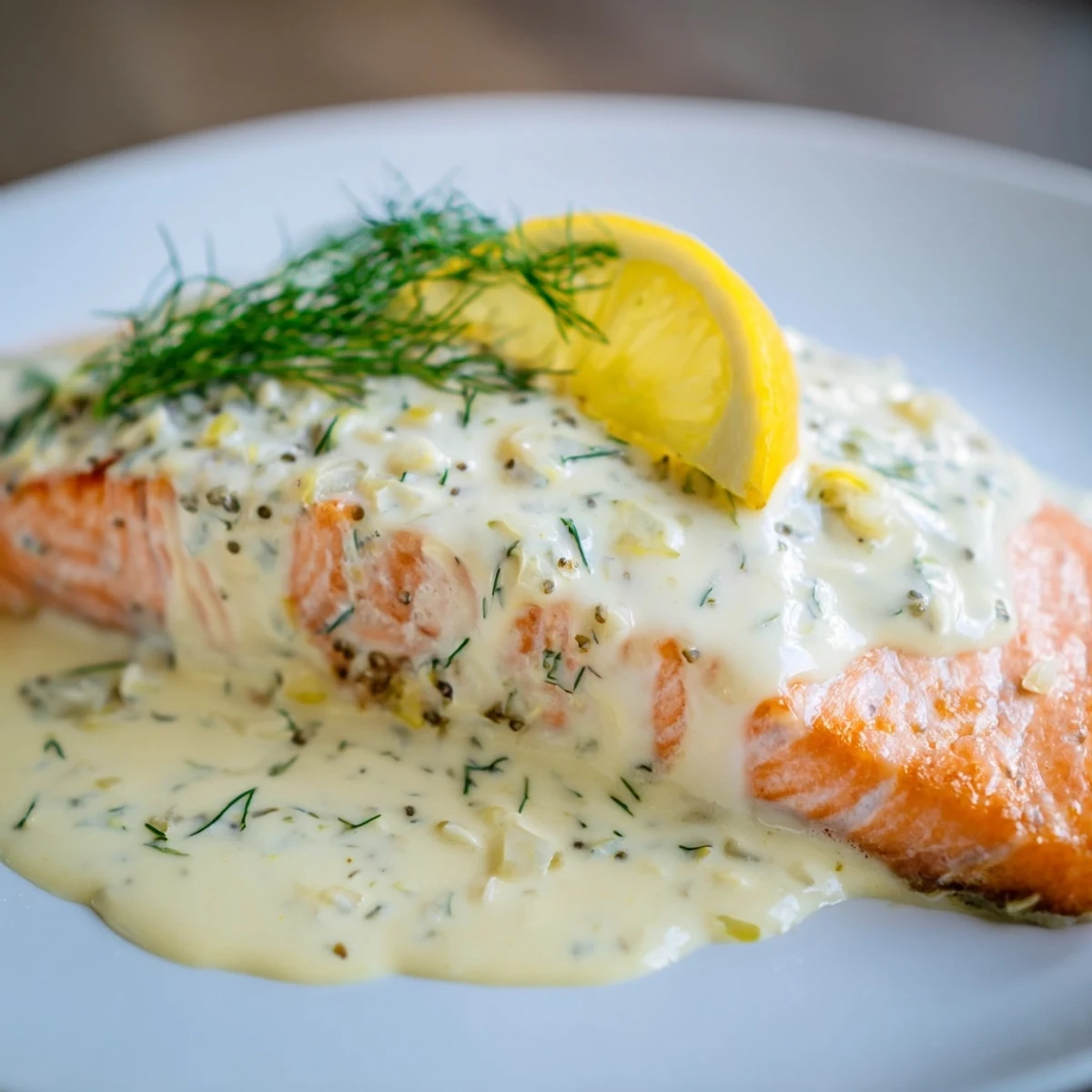 Gebackene Lachsfilets mit Dill- und Zitronensauce: goldbraun gebacken und saftig auf einem Tellerserviert.