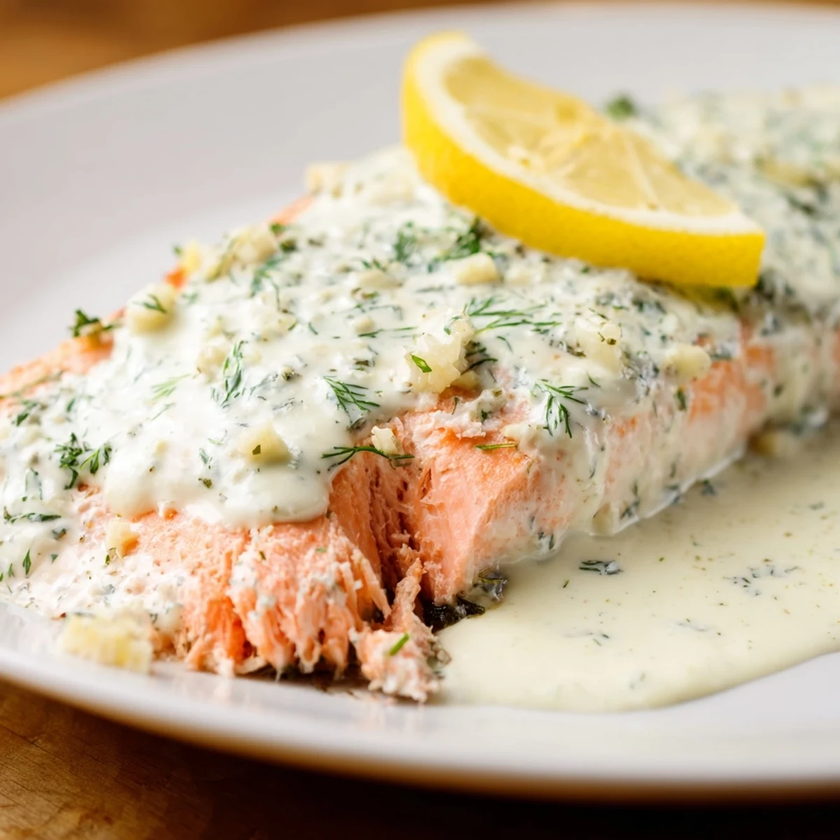 Goldbraunes gebackenes Lachsfilet mit cremiger Dill- und Zitronensauce und frischen Zitronenscheiben garniert.