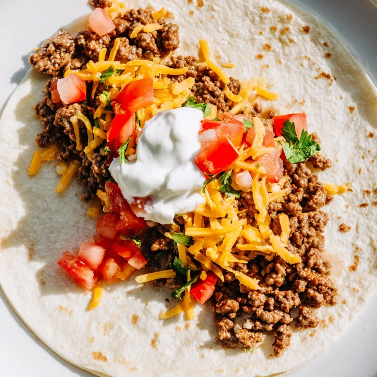 Beef Tacos mit Homemade Taco Seasoning werden auf einem Teller angerichtet, garniert mit Tomaten, Koriander und einem Klecks saurer Sahne.