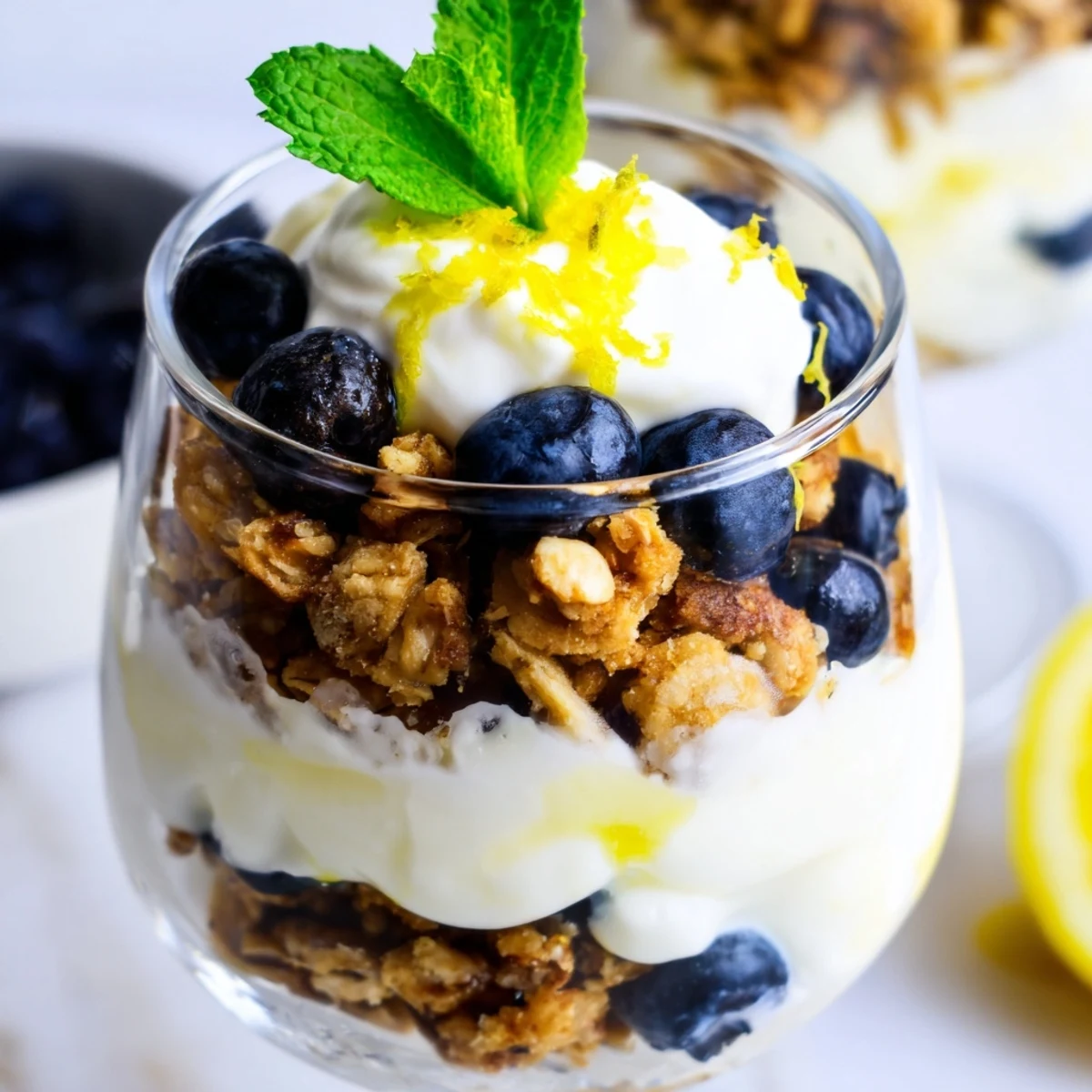 Bright Lemon Blueberry Yogurt Parfait with Granola layered in a glass with fresh mint garnish.