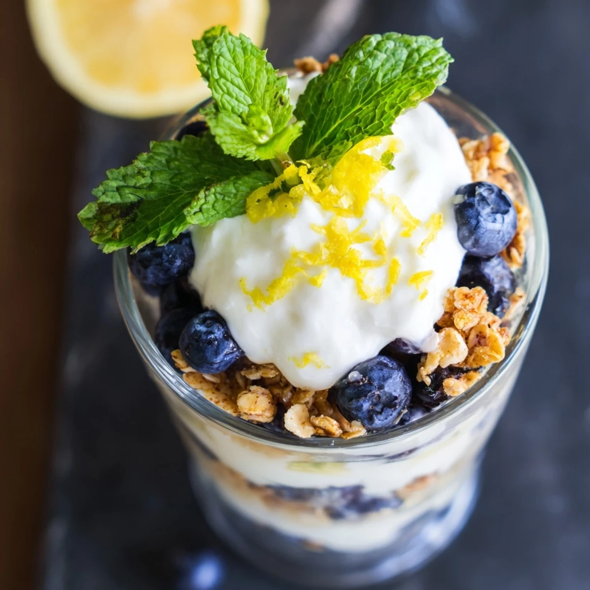 Clear glass of Lemon Blueberry Yogurt Parfait with Granola showing creamy yogurt and juicy berries.