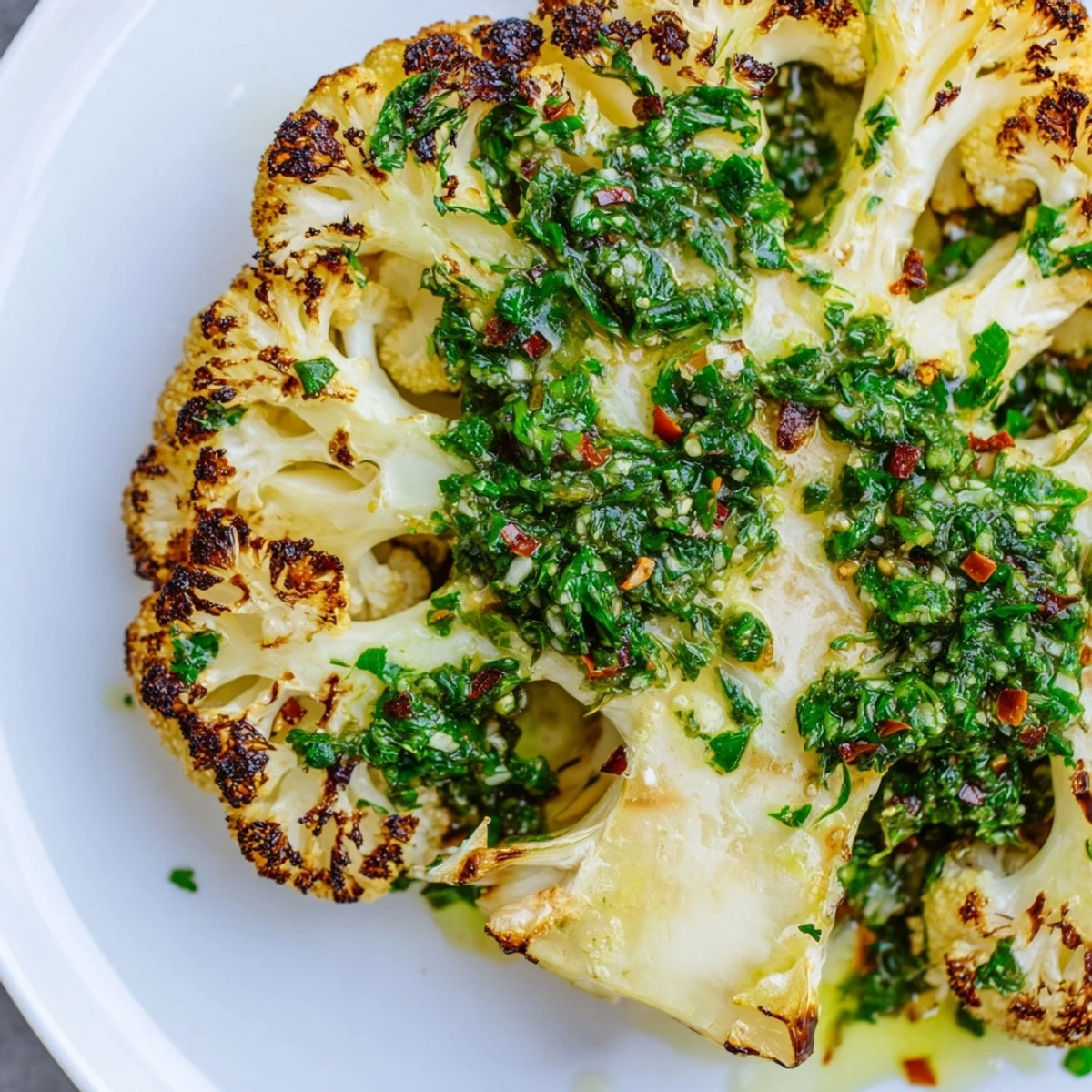 Goldene, gewürzte Röstkohlscheiben mit frischer, grüner Chimichurri auf einem Teller angerichtet.